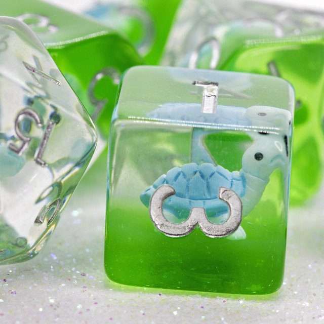 Sage's Familiars- Blue Baby Turtle Familiar Resin Polyhedral Dice Set - Sage's PortalResin Dice Set
