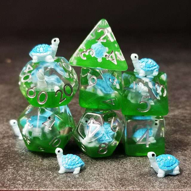Sage's Familiars- Blue Baby Turtle Familiar Resin Polyhedral Dice Set - Sage's PortalResin Dice Set