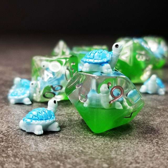 Sage's Familiars- Blue Baby Turtle Familiar Resin Polyhedral Dice Set - Sage's PortalResin Dice Set