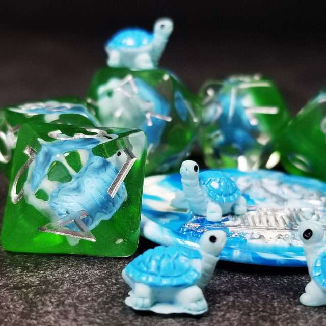 Sage's Familiars- Blue Baby Turtle Familiar Resin Polyhedral Dice Set - Sage's PortalResin Dice Set