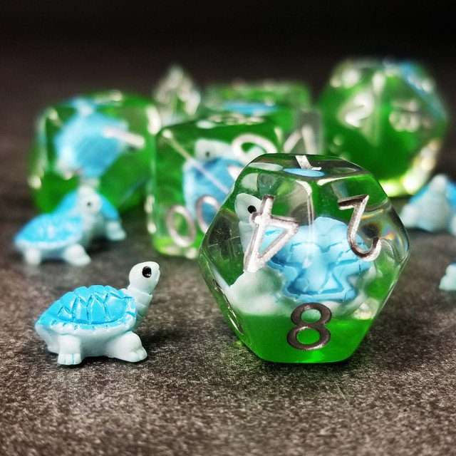 Sage's Familiars- Blue Baby Turtle Familiar Resin Polyhedral Dice Set - Sage's PortalResin Dice Set