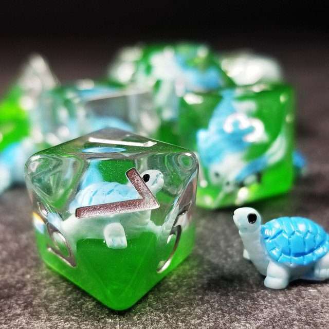Sage's Familiars- Blue Baby Turtle Familiar Resin Polyhedral Dice Set - Sage's PortalResin Dice Set