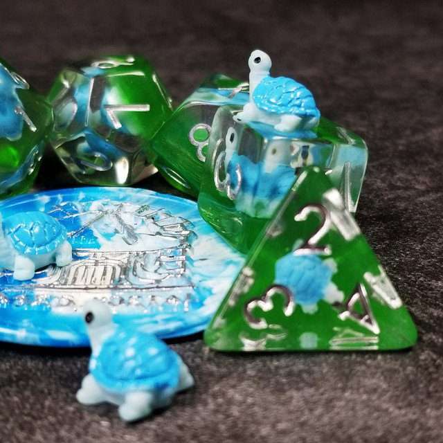 Sage's Familiars- Blue Baby Turtle Familiar Resin Polyhedral Dice Set - Sage's PortalResin Dice Set
