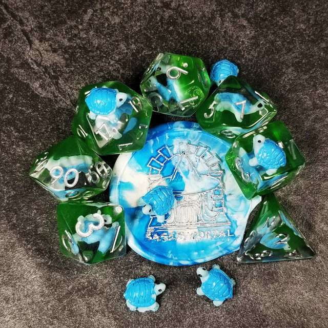 Sage's Familiars- Blue Baby Turtle Familiar Resin Polyhedral Dice Set - Sage's PortalResin Dice Set
