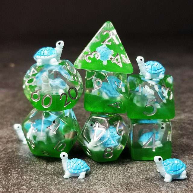 Sage's Familiars- Blue Baby Turtle Familiar Resin Polyhedral Dice Set - Sage's PortalResin Dice Set