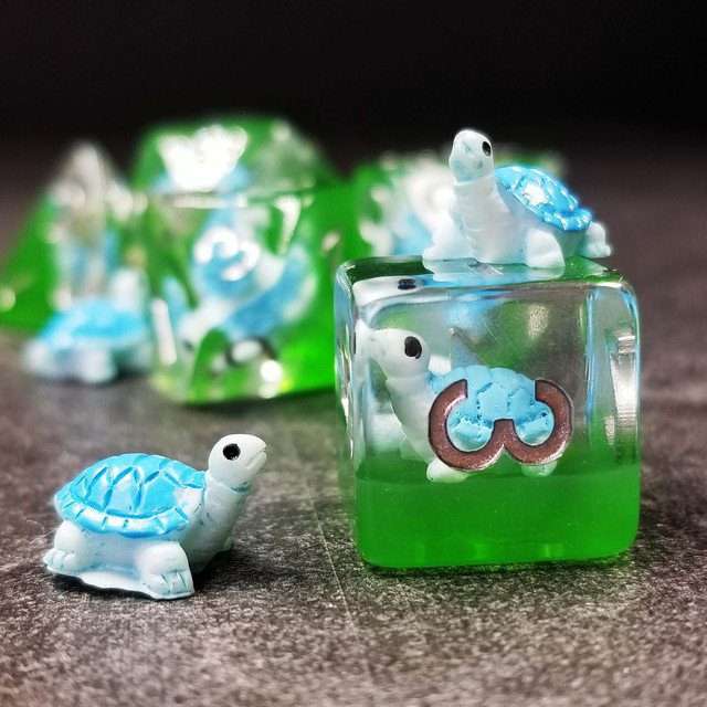 Sage's Familiars- Blue Baby Turtle Familiar Resin Polyhedral Dice Set - Sage's PortalResin Dice Set