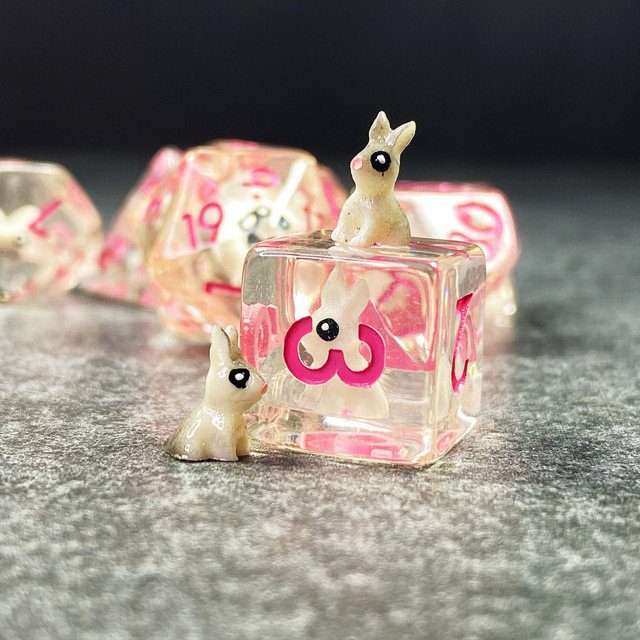 Sage's Familiars- Bunny Familiar Resin Pink Polyhedral Dice Set - Sage's PortalResin Dice Set