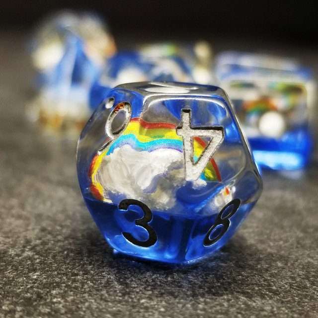 Sage's Familiars - Enchanted Rainbow and Clouds Resin Polyhedral Dice Set - Sage's PortalResin Dice Set