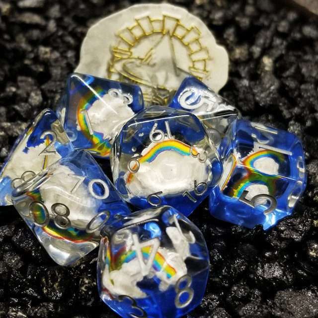 Sage's Familiars - Enchanted Rainbow and Clouds Resin Polyhedral Dice Set - Sage's PortalResin Dice Set