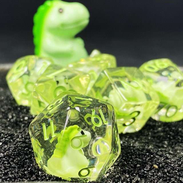 Sage's Familiars - Green Baby Dragon Resin Polyhedral Dice Set - Sage's PortalResin Dice + Figurine Set