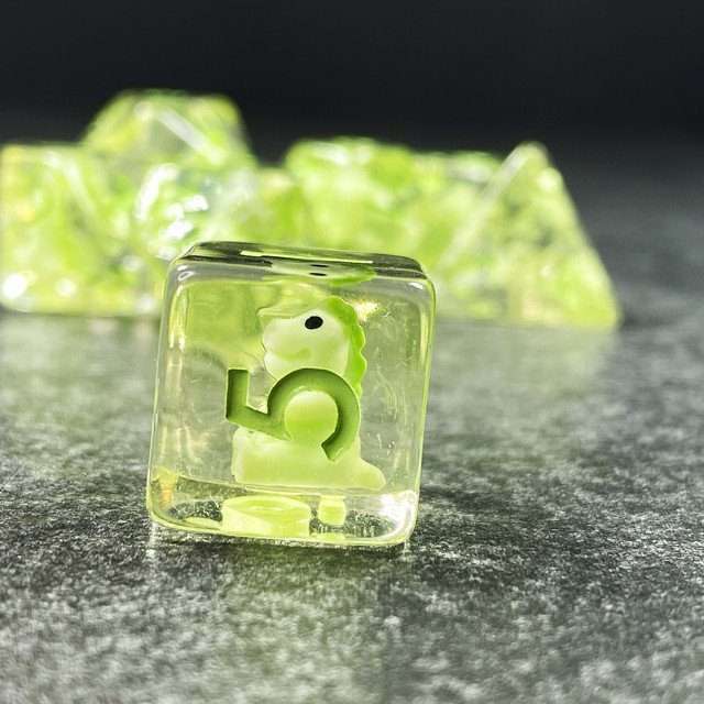 Sage's Familiars - Green Baby Dragon Resin Polyhedral Dice Set - Sage's PortalResin Dice + Figurine Set