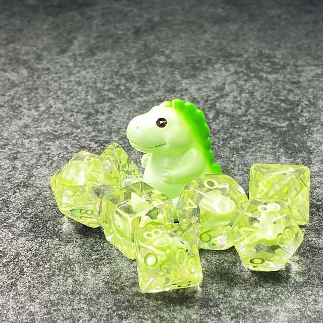 Sage's Familiars - Green Baby Dragon Resin Polyhedral Dice Set - Sage's PortalResin Dice + Figurine Set