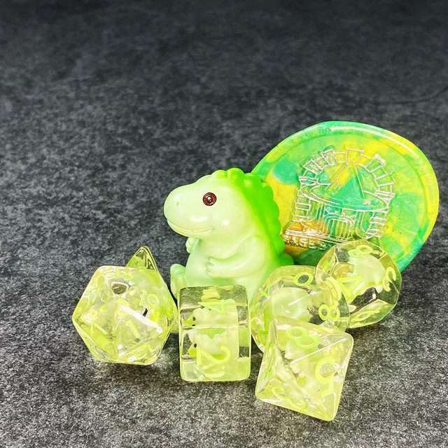 Sage's Familiars - Green Baby Dragon Resin Polyhedral Dice Set - Sage's PortalResin Dice + Figurine Set