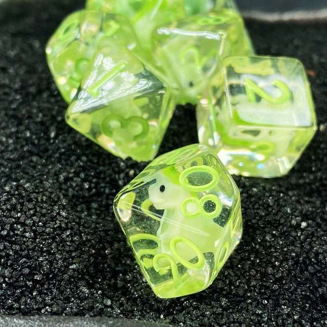 Sage's Familiars - Green Baby Dragon Resin Polyhedral Dice Set - Sage's PortalResin Dice + Figurine Set