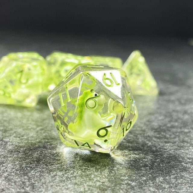 Sage's Familiars - Green Baby Dragon Resin Polyhedral Dice Set - Sage's PortalResin Dice + Figurine Set
