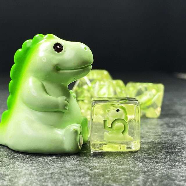 Sage's Familiars - Green Baby Dragon Resin Polyhedral Dice Set - Sage's PortalResin Dice + Figurine Set