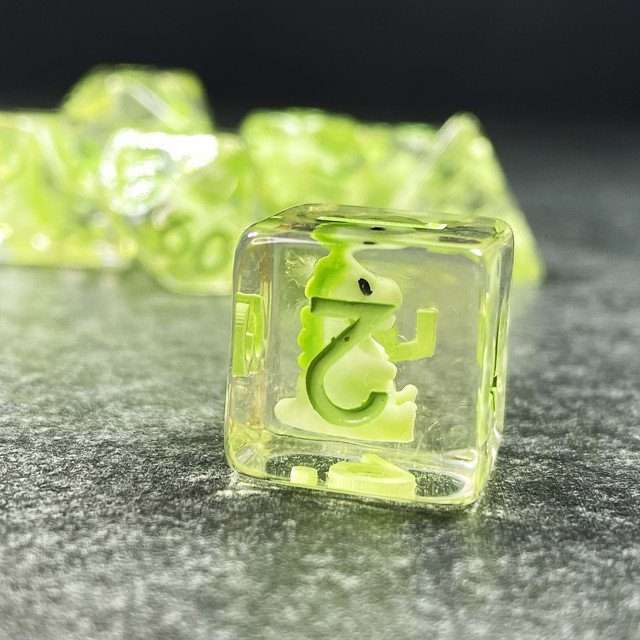 Sage's Familiars - Green Baby Dragon Resin Polyhedral Dice Set - Sage's PortalResin Dice + Figurine Set
