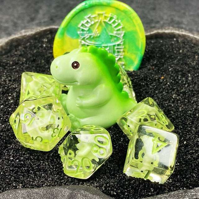 Sage's Familiars - Green Baby Dragon Resin Polyhedral Dice Set - Sage's PortalResin Dice + Figurine Set