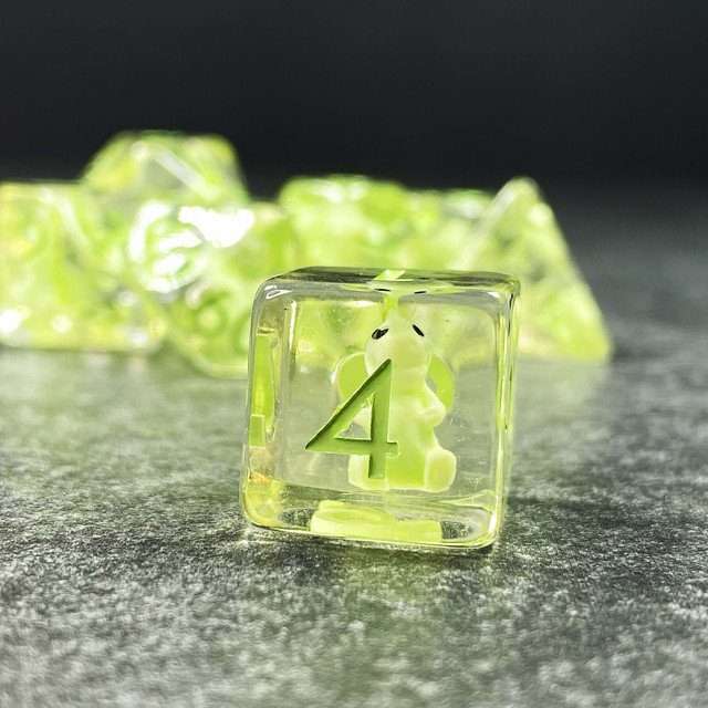 Sage's Familiars - Green Baby Dragon Resin Polyhedral Dice Set - Sage's PortalResin Dice + Figurine Set