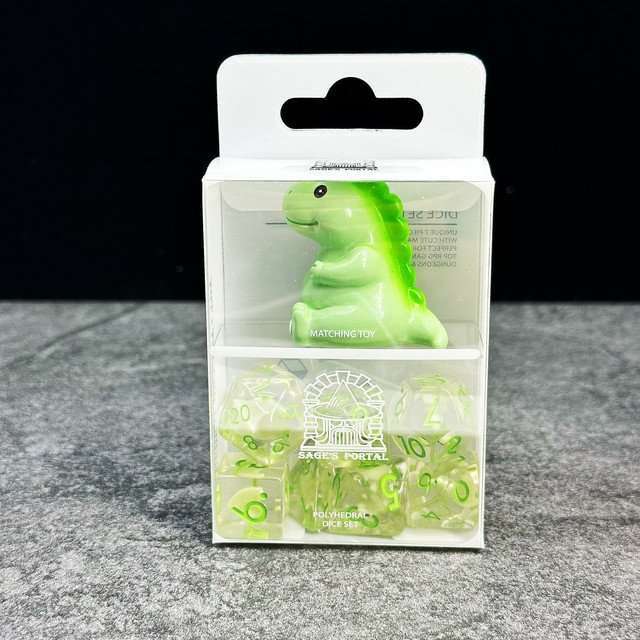 Sage's Familiars - Green Baby Dragon Resin Polyhedral Dice Set - Sage's PortalResin Dice + Figurine Set
