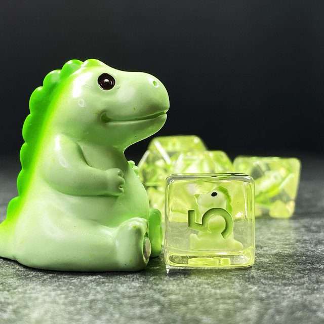Sage's Familiars - Green Baby Dragon Resin Polyhedral Dice Set - Sage's PortalResin Dice + Figurine Set