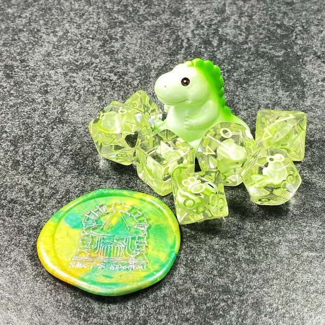 Sage's Familiars - Green Baby Dragon Resin Polyhedral Dice Set - Sage's PortalResin Dice + Figurine Set