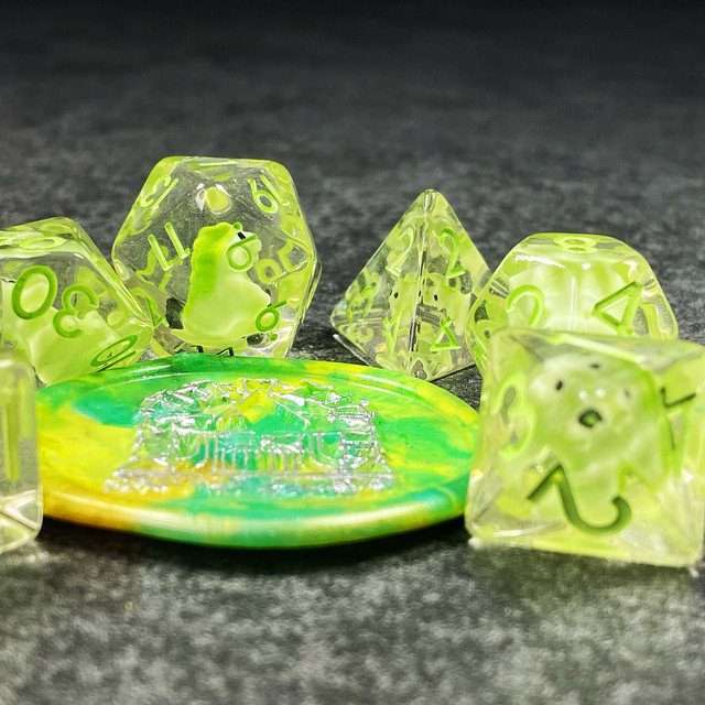 Sage's Familiars - Green Baby Dragon Resin Polyhedral Dice Set - Sage's PortalResin Dice + Figurine Set