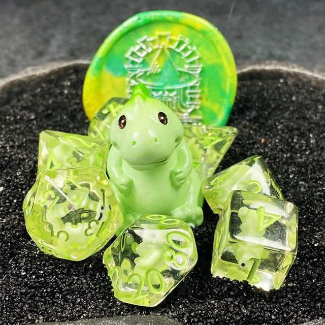 Sage's Familiars - Green Baby Dragon Resin Polyhedral Dice Set - Sage's PortalResin Dice + Figurine Set