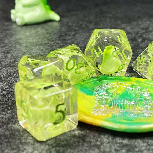 Sage's Familiars - Green Baby Dragon Resin Polyhedral Dice Set - Sage's PortalResin Dice + Figurine Set