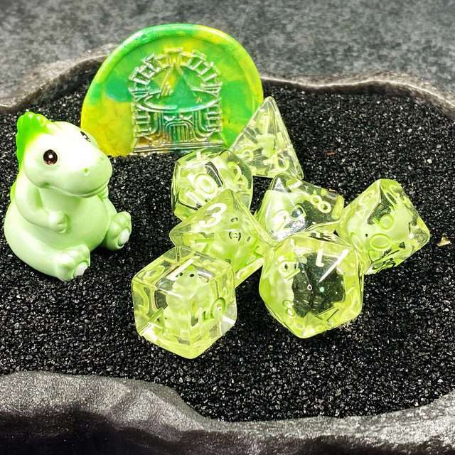 Sage's Familiars - Green Baby Dragon Resin Polyhedral Dice Set - Sage's PortalResin Dice + Figurine Set