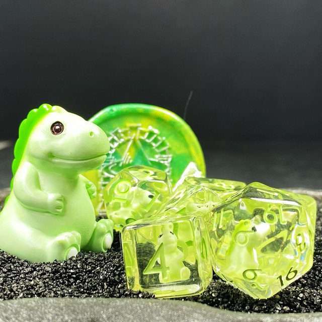 Sage's Familiars - Green Baby Dragon Resin Polyhedral Dice Set - Sage's PortalResin Dice + Figurine Set