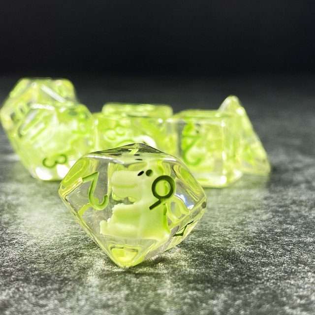 Sage's Familiars - Green Baby Dragon Resin Polyhedral Dice Set - Sage's PortalResin Dice + Figurine Set