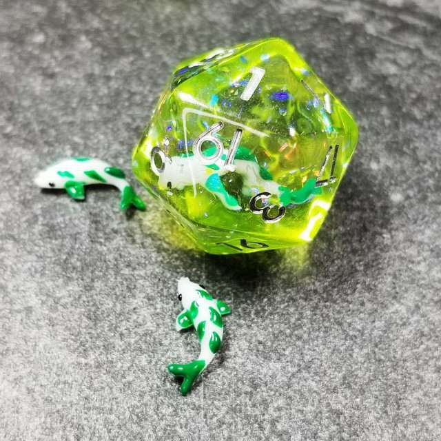 Sage's Familiars - Green Fish in Lake Familiar Silver Ink Resin Polyhedral Dice Set - Sage's PortalResin Dice Set