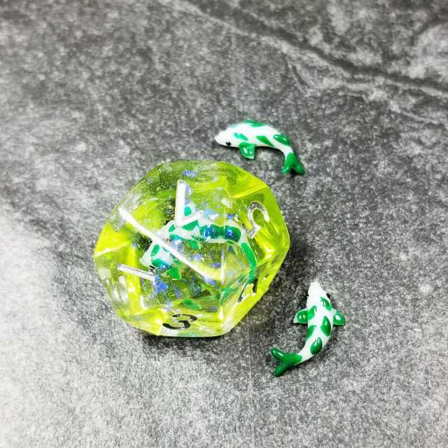 Sage's Familiars - Green Fish in Lake Familiar Silver Ink Resin Polyhedral Dice Set - Sage's PortalResin Dice Set