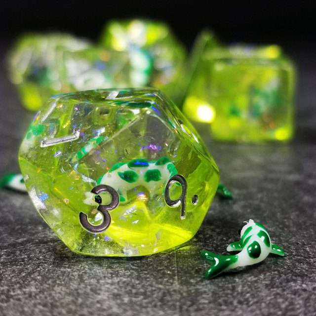 Sage's Familiars - Green Fish in Lake Familiar Silver Ink Resin Polyhedral Dice Set - Sage's PortalResin Dice Set