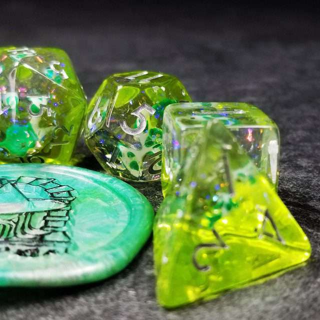 Sage's Familiars - Green Fish in Lake Familiar Silver Ink Resin Polyhedral Dice Set - Sage's PortalResin Dice Set