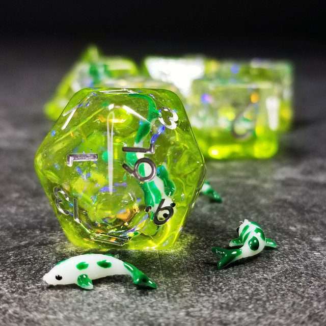 Sage's Familiars - Green Fish in Lake Familiar Silver Ink Resin Polyhedral Dice Set - Sage's PortalResin Dice Set
