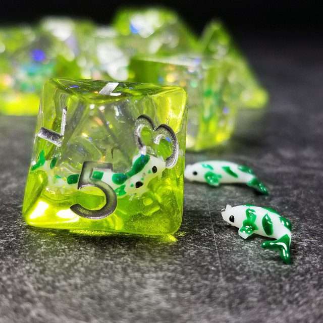 Sage's Familiars - Green Fish in Lake Familiar Silver Ink Resin Polyhedral Dice Set - Sage's PortalResin Dice Set