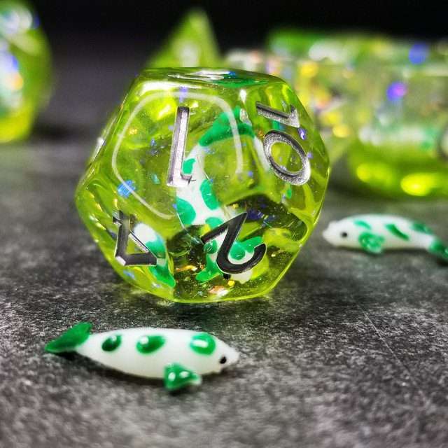 Sage's Familiars - Green Fish in Lake Familiar Silver Ink Resin Polyhedral Dice Set - Sage's PortalResin Dice Set