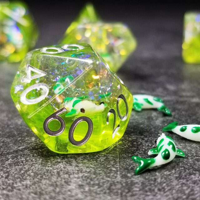 Sage's Familiars - Green Fish in Lake Familiar Silver Ink Resin Polyhedral Dice Set - Sage's PortalResin Dice Set