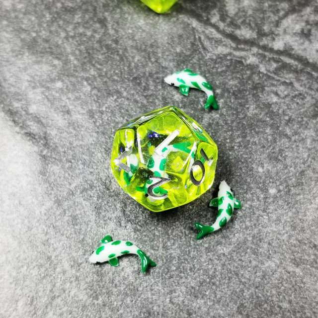 Sage's Familiars - Green Fish in Lake Familiar Silver Ink Resin Polyhedral Dice Set - Sage's PortalResin Dice Set