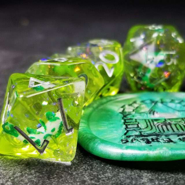 Sage's Familiars - Green Fish in Lake Familiar Silver Ink Resin Polyhedral Dice Set - Sage's PortalResin Dice Set