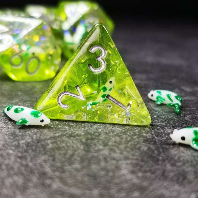 Sage's Familiars - Green Fish in Lake Familiar Silver Ink Resin Polyhedral Dice Set - Sage's PortalResin Dice Set