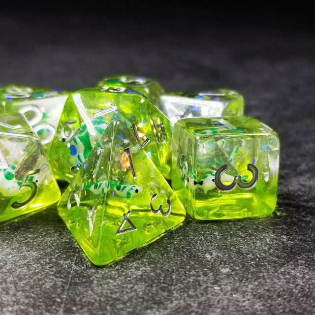 Sage's Familiars - Green Fish in Lake Familiar Silver Ink Resin Polyhedral Dice Set - Sage's PortalResin Dice Set