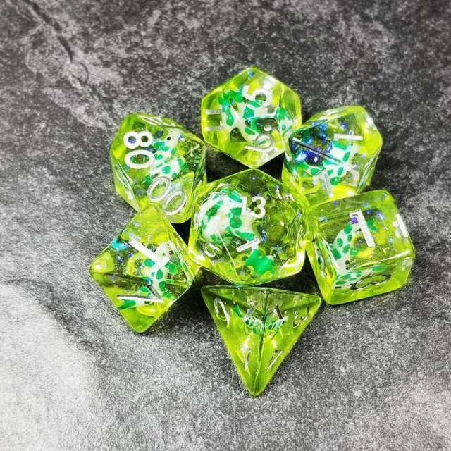 Sage's Familiars - Green Fish in Lake Familiar Silver Ink Resin Polyhedral Dice Set - Sage's PortalResin Dice Set
