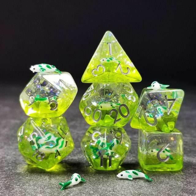 Sage's Familiars - Green Fish in Lake Familiar Silver Ink Resin Polyhedral Dice Set - Sage's PortalResin Dice Set