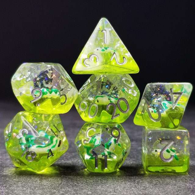 Sage's Familiars - Green Fish in Lake Familiar Silver Ink Resin Polyhedral Dice Set - Sage's PortalResin Dice Set
