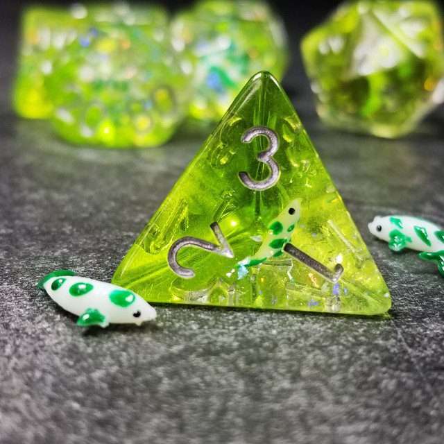 Sage's Familiars - Green Fish in Lake Familiar Silver Ink Resin Polyhedral Dice Set - Sage's PortalResin Dice Set