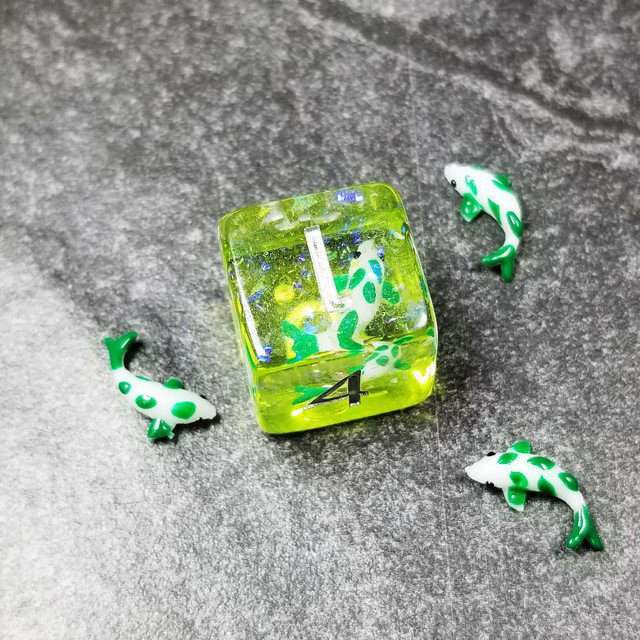 Sage's Familiars - Green Fish in Lake Familiar Silver Ink Resin Polyhedral Dice Set - Sage's PortalResin Dice Set
