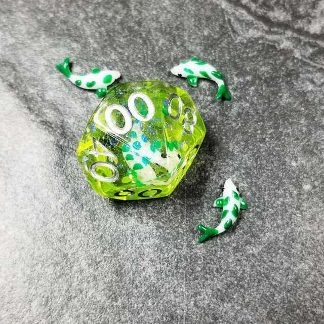 Sage's Familiars - Green Fish in Lake Familiar Silver Ink Resin Polyhedral Dice Set - Sage's PortalResin Dice Set